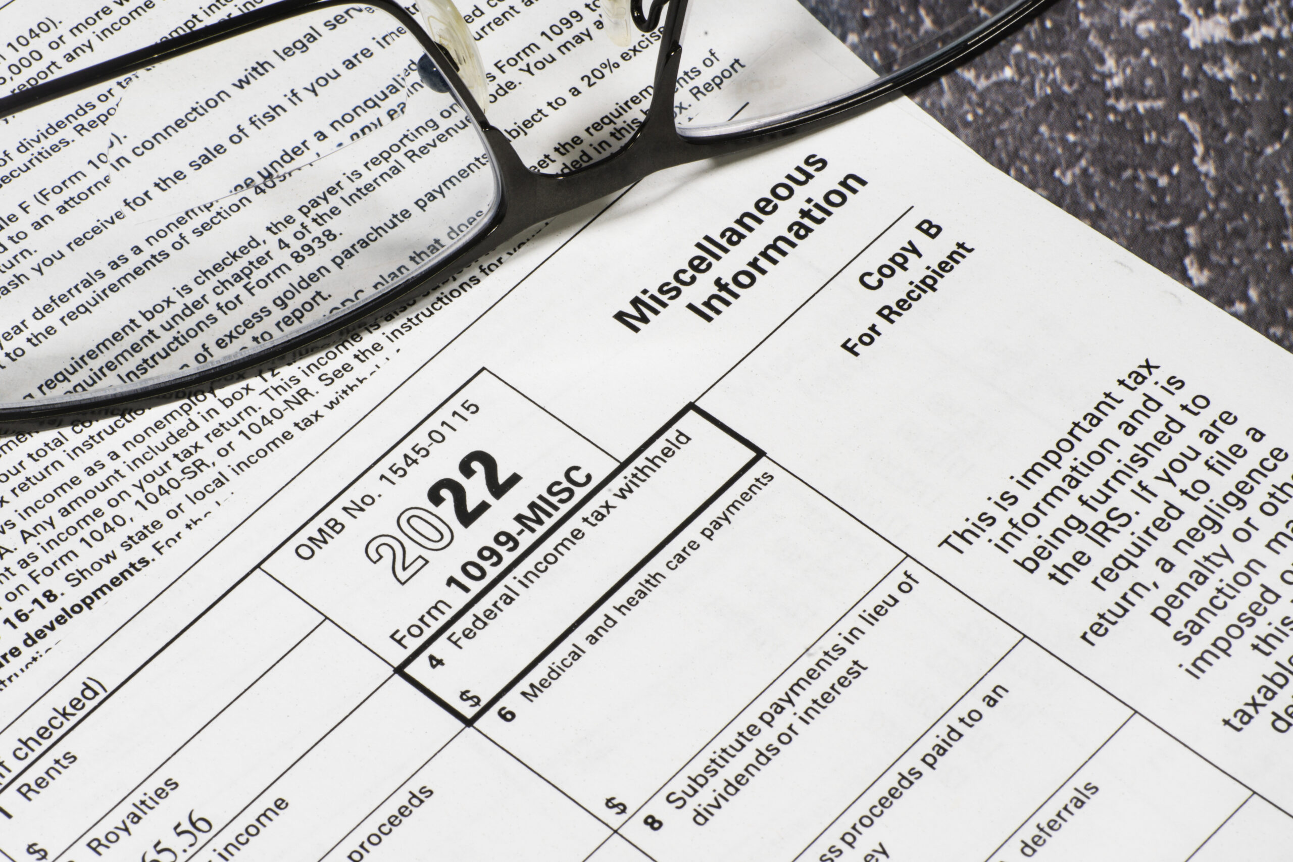 Lake Elsinore, CA, USA - January 5, 2023: Close up of upper right corner of Internal Revenue Service form 1099-MISC for Miscellaneous Income