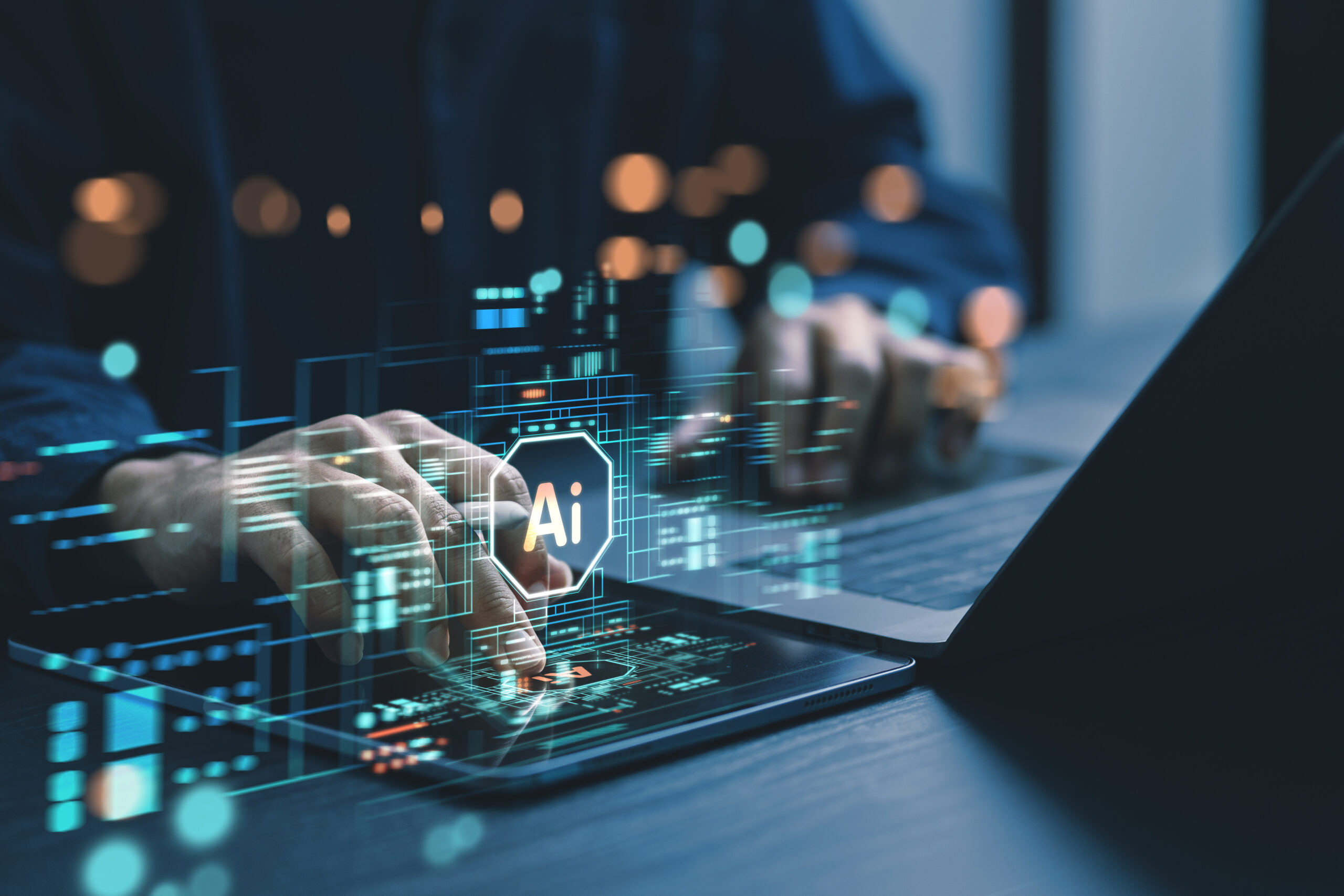 Humans are using laptops and computers to interact with AI, helping them create, code, train AI, or analyze big data with fast, cutting-edge technology.