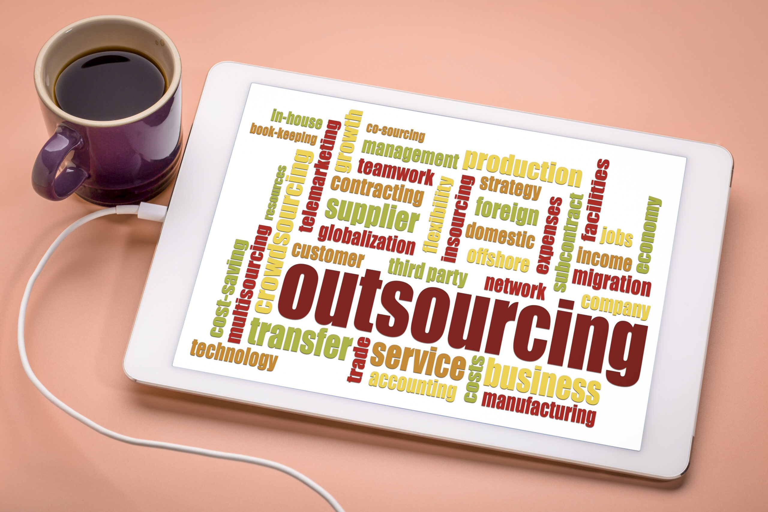 outsourcing word cloud on a tablet