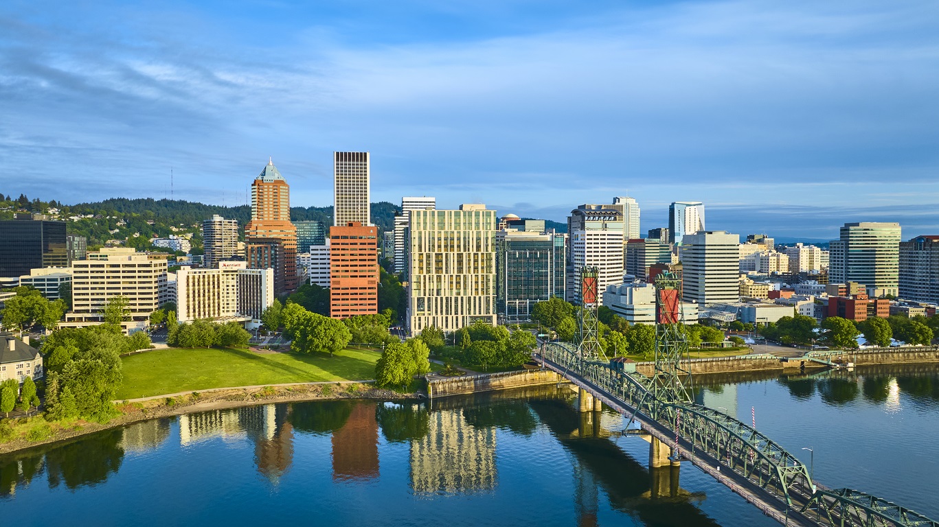 Aerial View Portland Skyline with Hawthorne Bridge and River Reflection